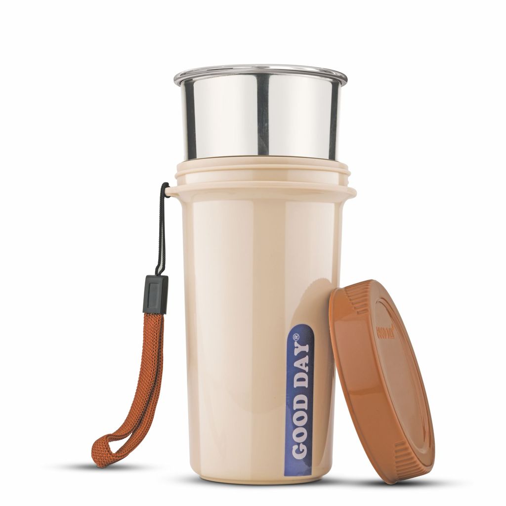 Good Day Easy Meal Tumbler with Strap & Inner Steel Glass, Reusable Travel Mug,Perfect for Coffee, Tea, and Juices , Grey