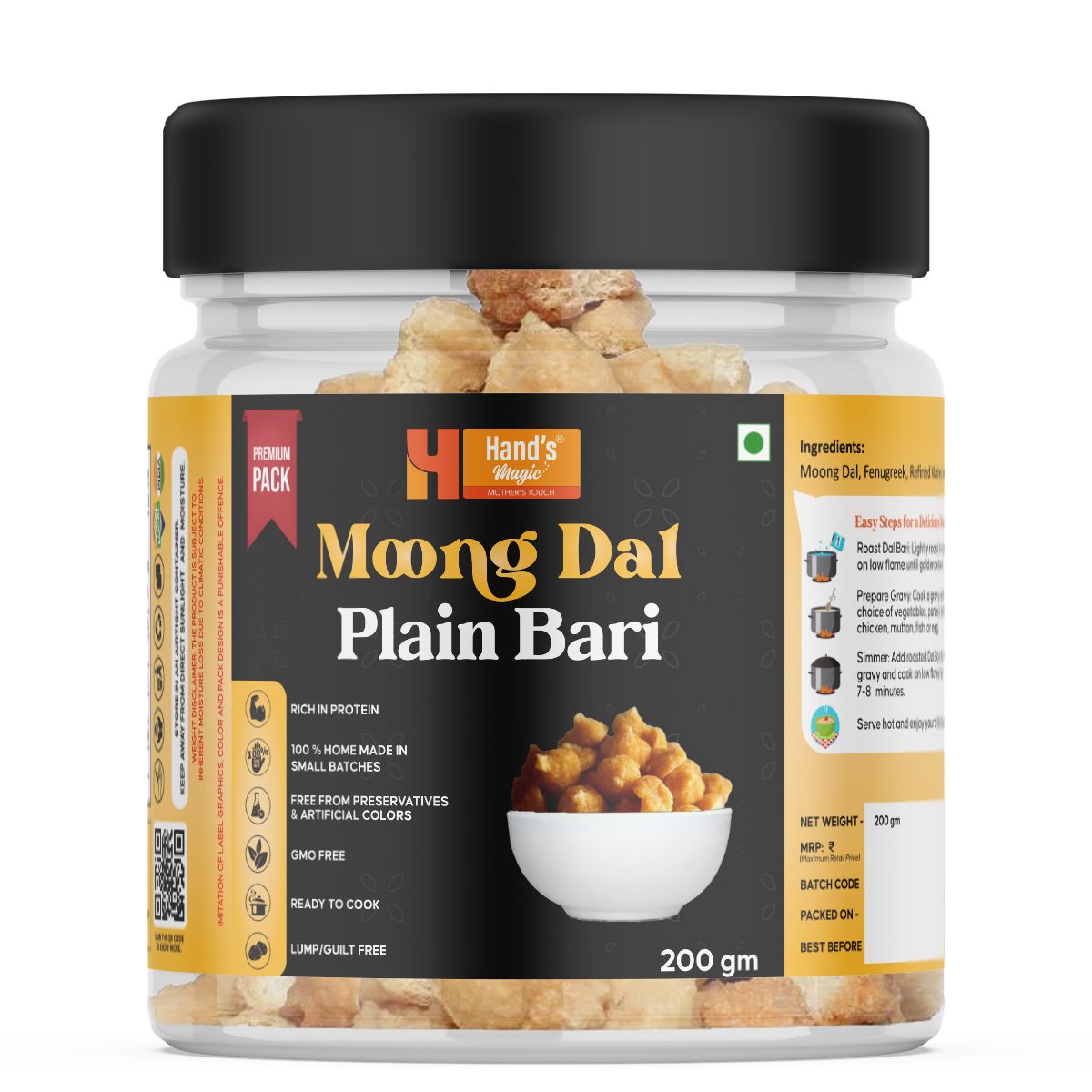 Hand’s Magic Moong Dal Plain Bari – Premium Pack | High Protein | Ready to Cook | 100% Homemade | No Preservatives | Natural & Healthy | 200g