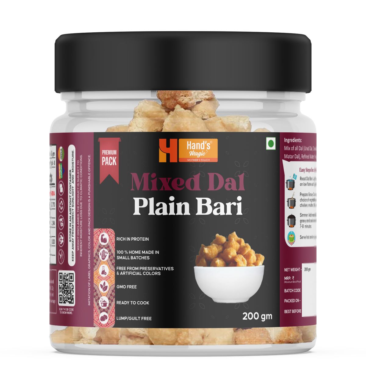 Hand’s Magic Mixed Dal Plain Bari – Premium Pack | High Protein | Blend of Urad, Chana, Moong, Masoor & Matar Dal | Ready to Cook | 100% Homemade | No Preservatives | 200g