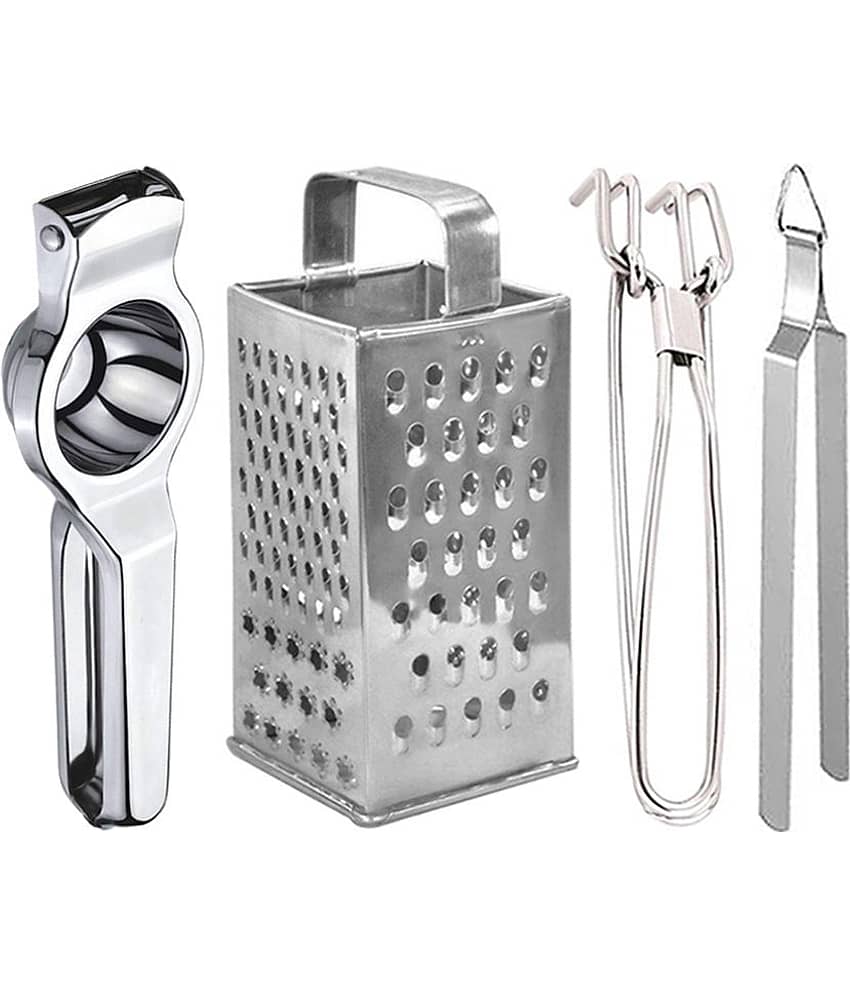 OC9 Silver Stainless Steel Lemon Squeezer+8in1 Grater+Pakkad+Chimta ( Set of 4 )