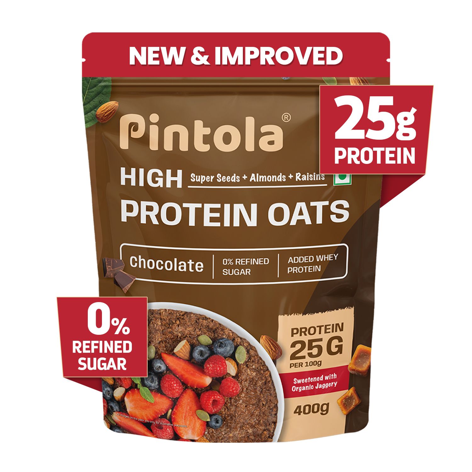 Pintola 22g High Protein Oats, Dark Chocolate, No Refined Sugar, with Almonds Raisin, Pumpkin and Chia Seeds, 8g Fibre, Rolled Oats, Breakfast Cereals | Gluten Free