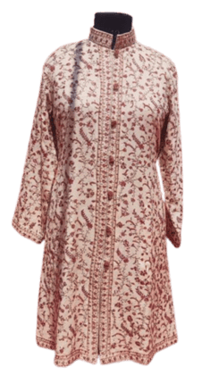 Embroidered Long Kashmiri Wool Coat with Floral Print