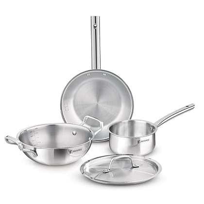 Bergner Tripro TriPly Stainless Steel 4 Pc Cookware Set, 24cm (3 L) Indian Wok/Kadai with Lid, 22 cm Frypan (1.7 L), 16cm (1.5 L) Teapan, Fast & Event Heating, Induction and Gas Ready, 5-Year Warranty