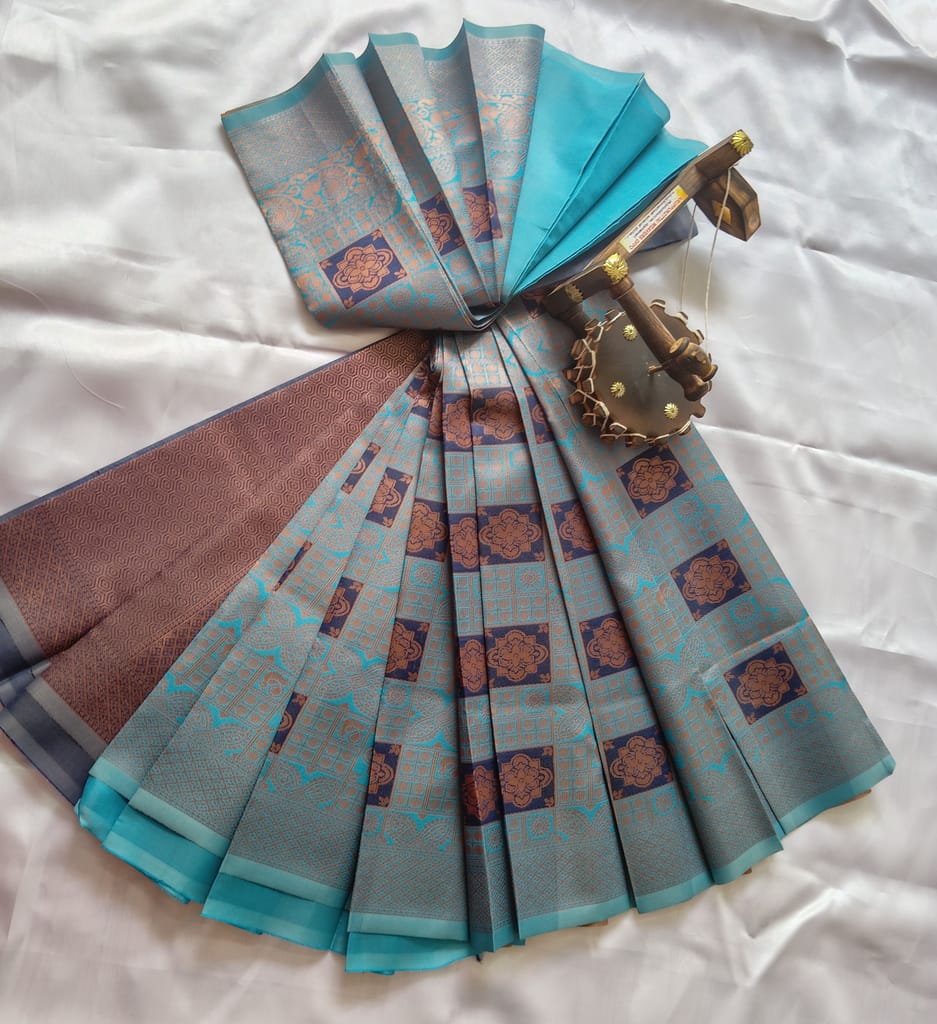 Kubera Silk Cottton Saree with Blouse Sky blue colour