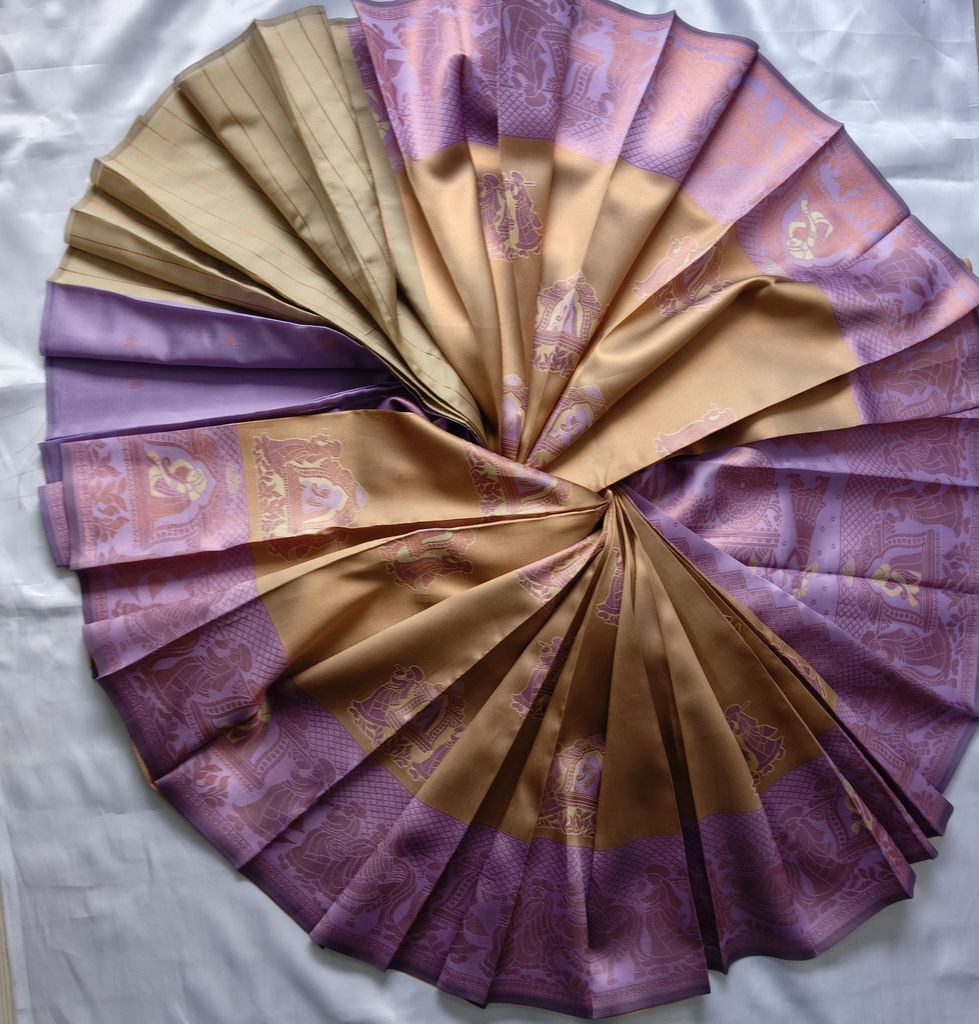 Kubera Silk Cottton Saree with Blouse Gold with lavender