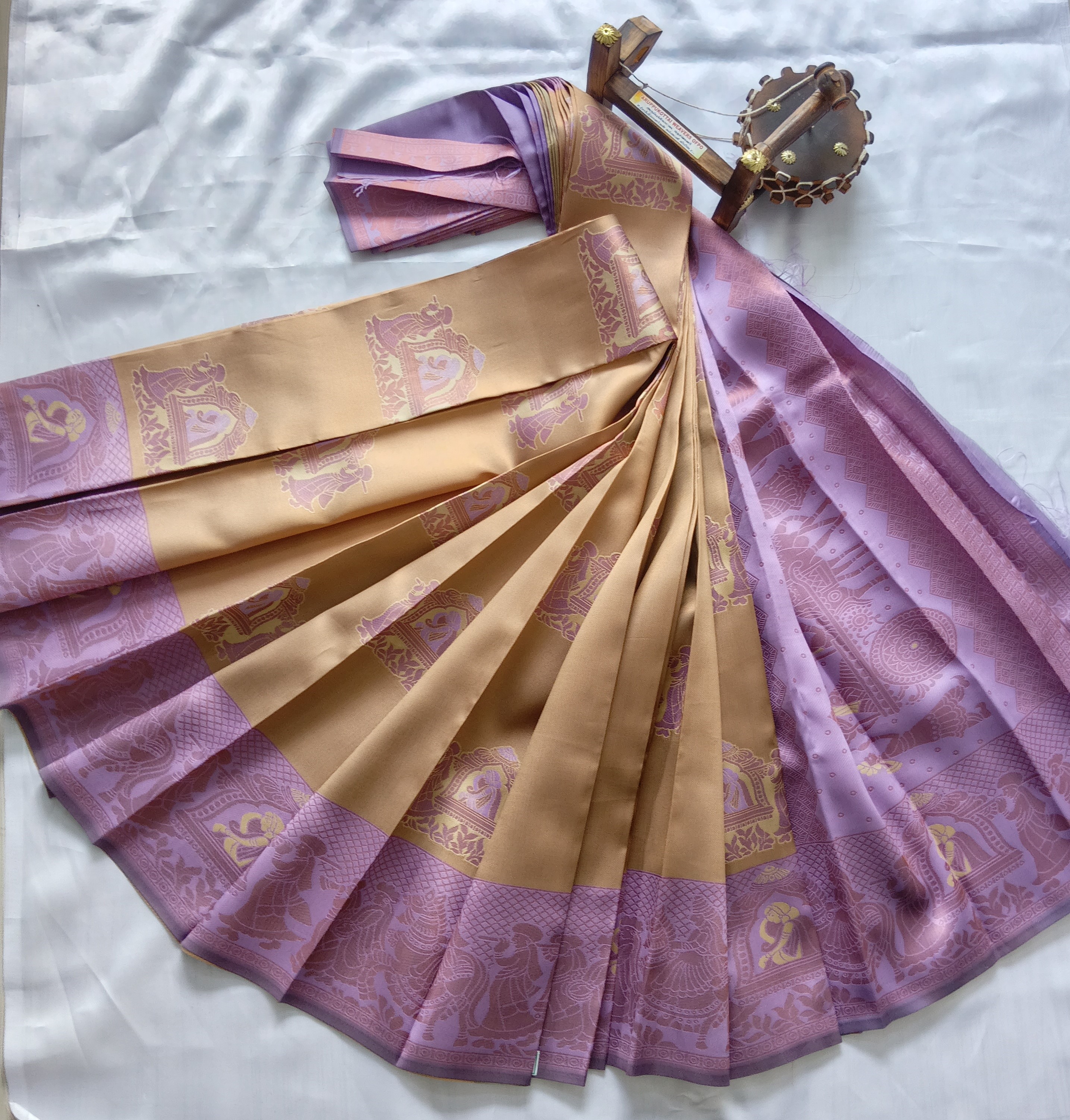 Kubera Silk Cottton Saree with Blouse Gold with lavender
