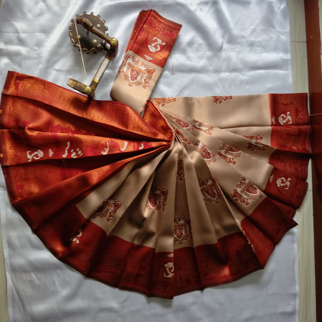 Kubera Silk Cottton Saree with Blouse Caramel with meroon - Sarees | Buy online on ZillyBuy