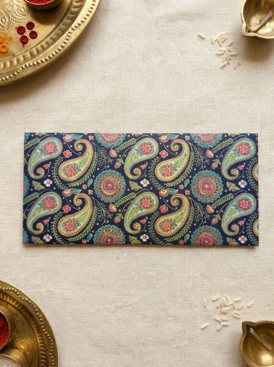 Midnight Paisley Money Envelope – Premium Dark-Themed Designer Envelope for Wedding & Festive Gifting