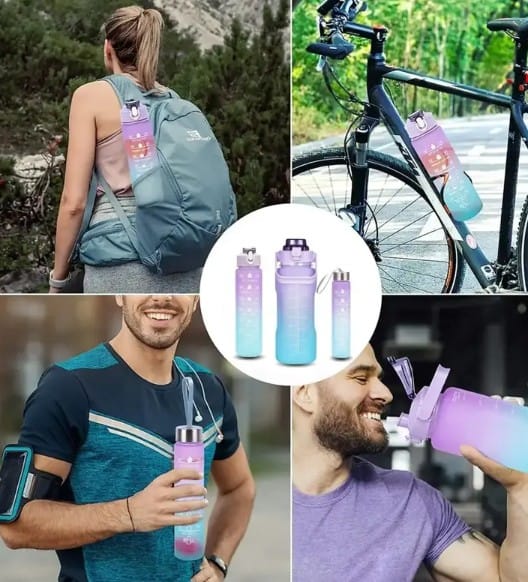 Set of 3 Water Bottle with Motivational Time Marker Leakproof Durable Non-Toxic Bottle (Random Colour)