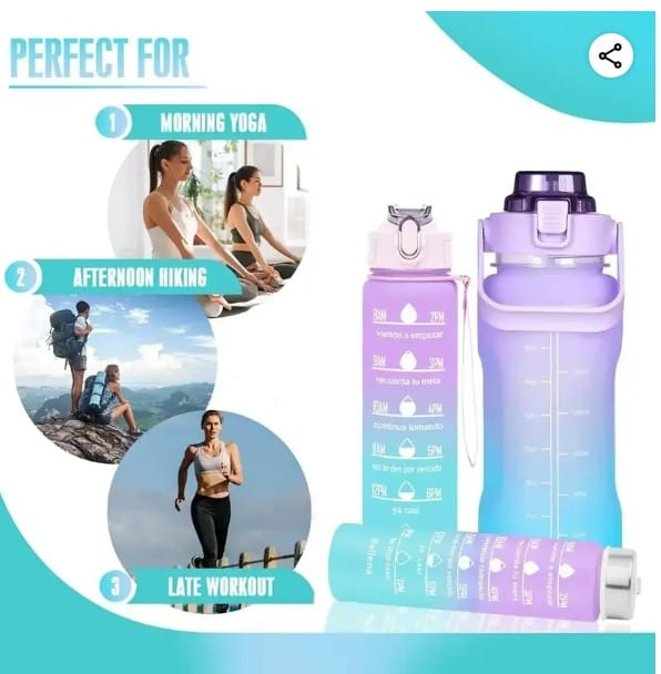 Set of 3 Water Bottle with Motivational Time Marker Leakproof Durable Non-Toxic Bottle (Random Colour)
