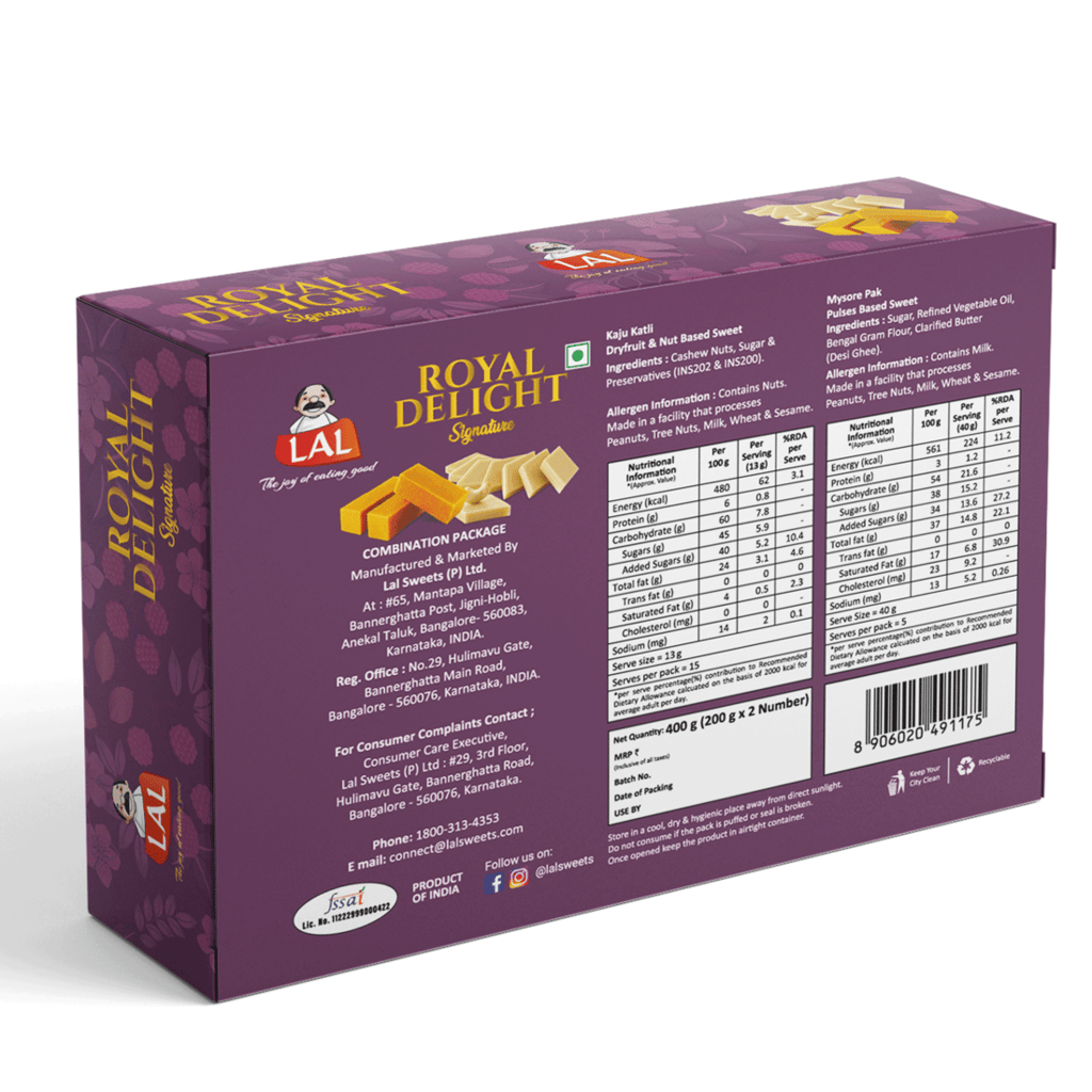 Lal Sweets Royal Delight 400g (Pack of 1) || Made with Fresh Cashew Nuts || Cow Ghee Mysore Pak || Indian Traditional Kaju Mithai