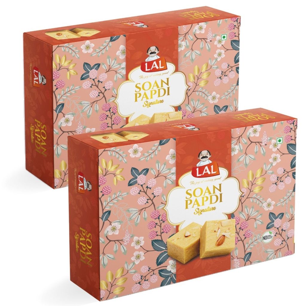 Lal Sweets Soan Papdi Premium 400g Pack of 2|| Made with Sugar and Fresh Almonds || Ready to Eat Indian Dessert || Indian Traditional Soan Papdi || Delicious Soan Cakes || Indian Mithai