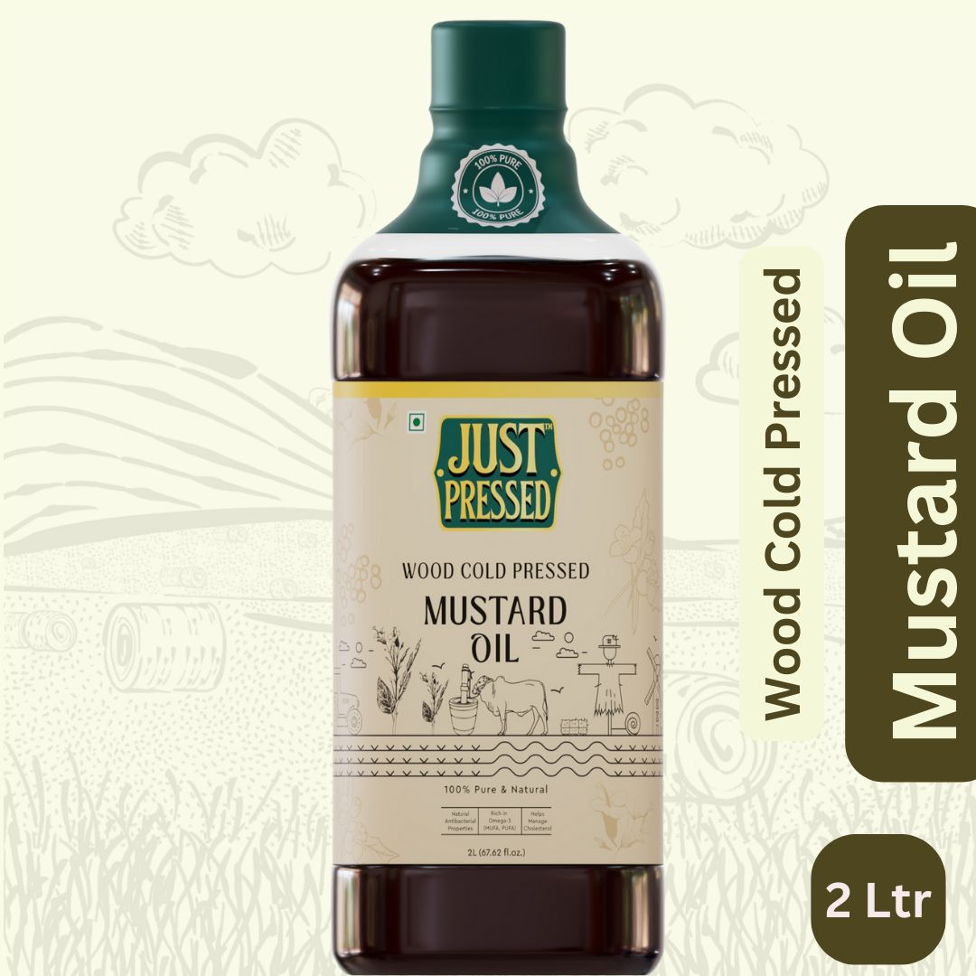 JustPressed Wood Pressed Mustard Oil 2 Litres (Cold Pressed - Extracted on Wooden Churner) | Kolhu/Kacchi Ghani / Chekku