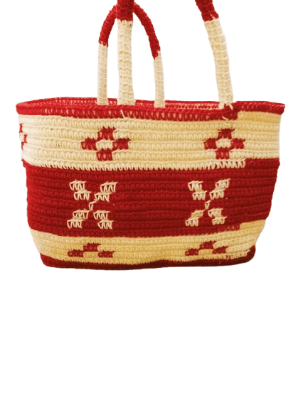  Handmade Crochet Tote Bag with Red and White Striped Design and Flower Accents