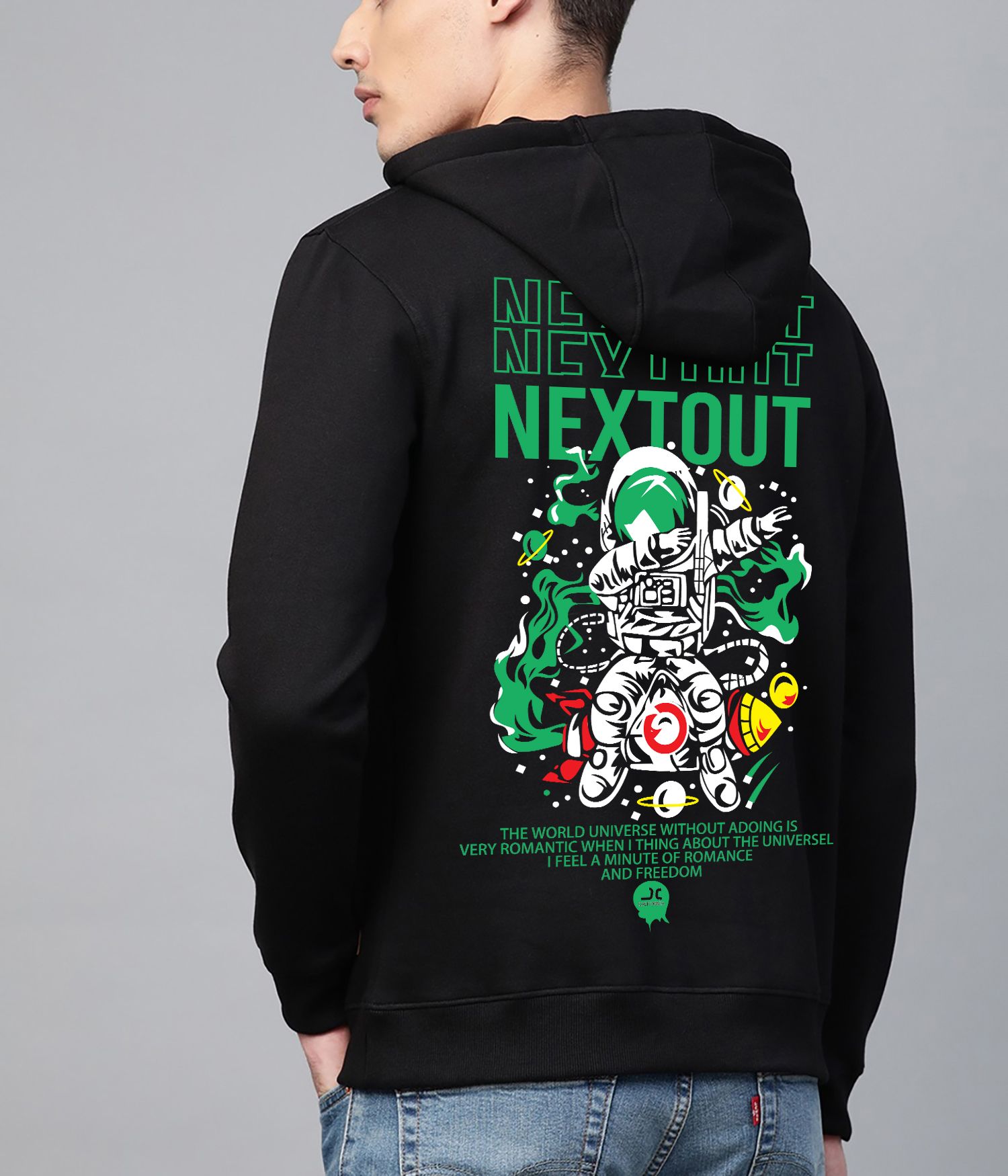 SCOTT FINCHER Cotton Blend Black Hoodie with "Next Out" Graphic Design : AA(RSHOD)BLACK_18