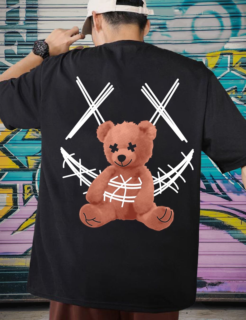 Scott Fincher Men's Streetwear T-Shirt with Smiley Face Graphic Design : AA(ARN)BLACK_08