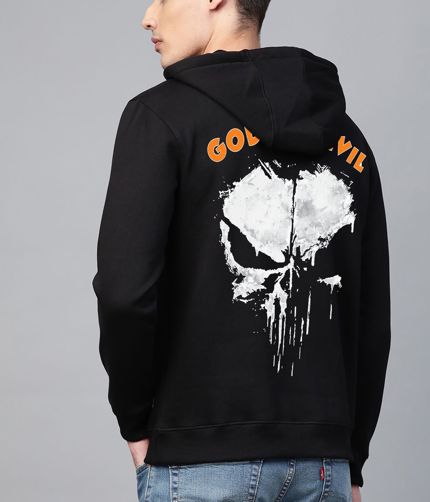 SCOTT FINCHER Men's Black Graphic Hoodie with White and Orange Print : AA(RSHOD)BLACK_120