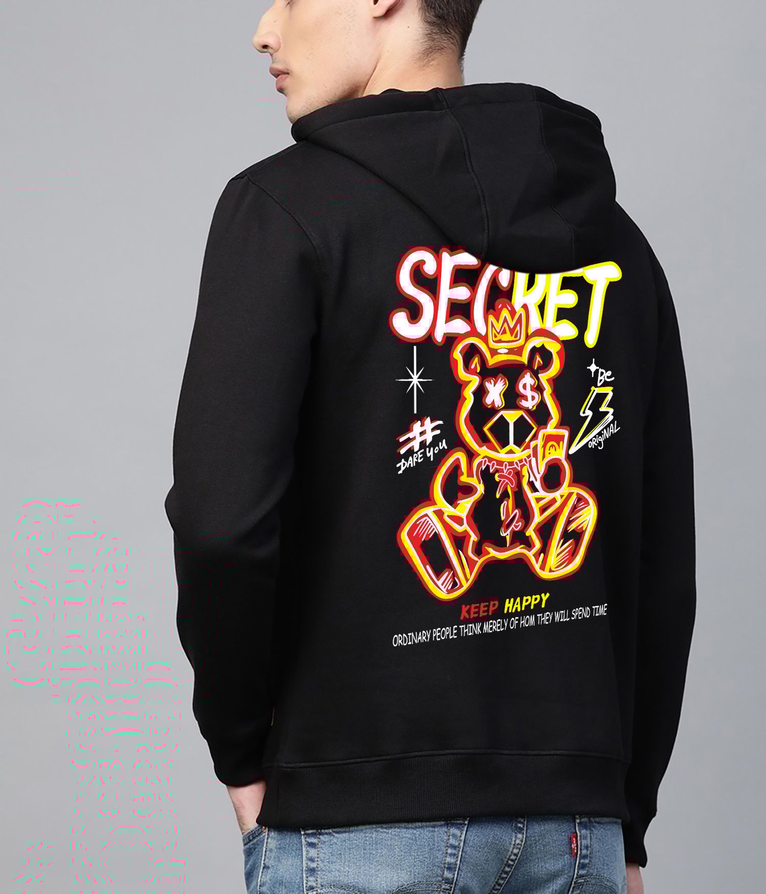 SCOTT FINCHER Black Hoodie for Men Keep Happy Secret : AA(RSHOD)BLACK_126