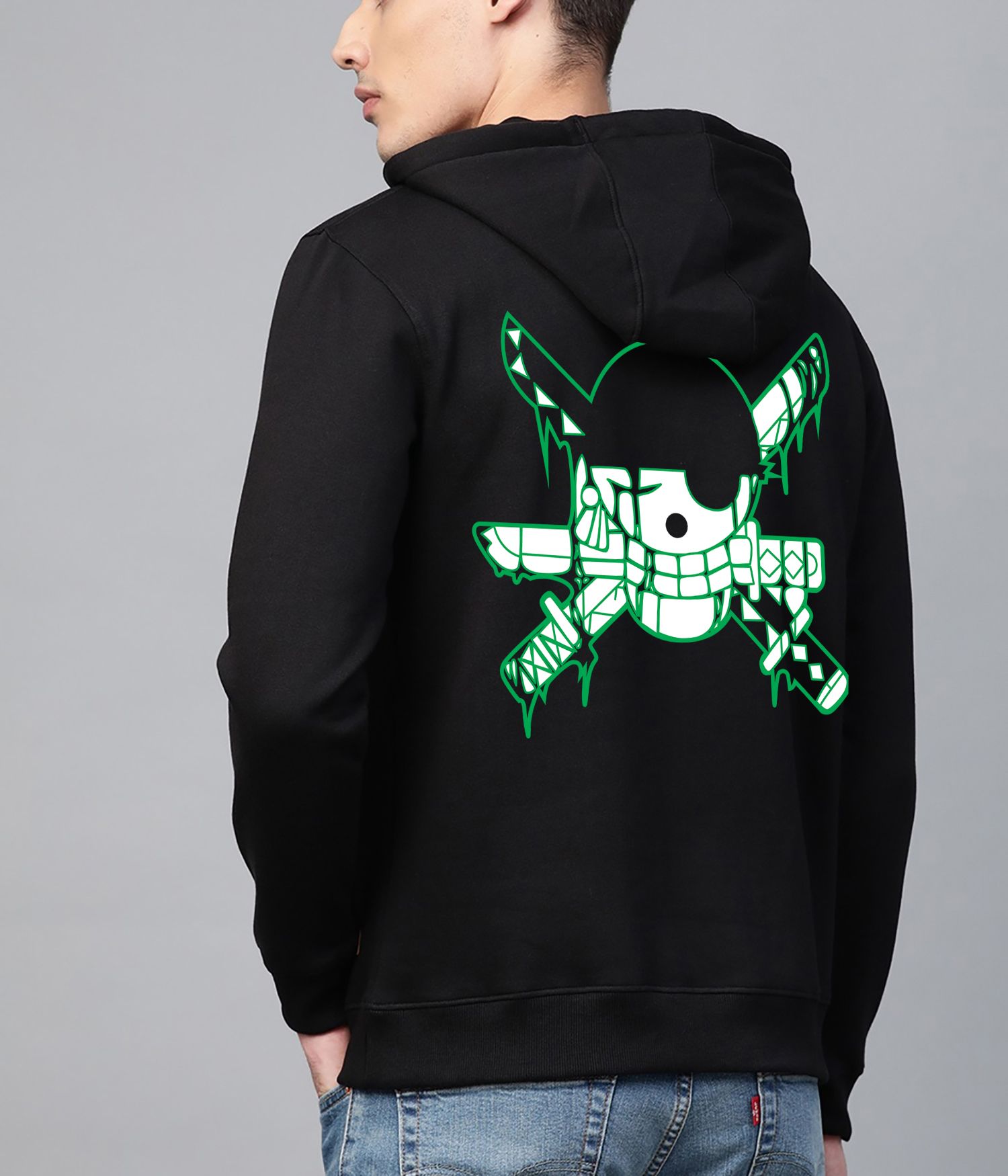SCOTT FINCHER Black anime hoodie featuring the character Roronoa Zoro from the popular series One Piece :  AA(RSHOD)BLACK_136
