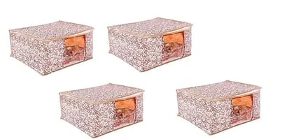 Bindian Multipurpose Saree Cover for Wardrobe Storage | Premium Non-Woven Fabric Cloth Organizer Box with Transparent Window & Zipper | Ideal for Storing Sarees & More (Beige, Pack of 4)