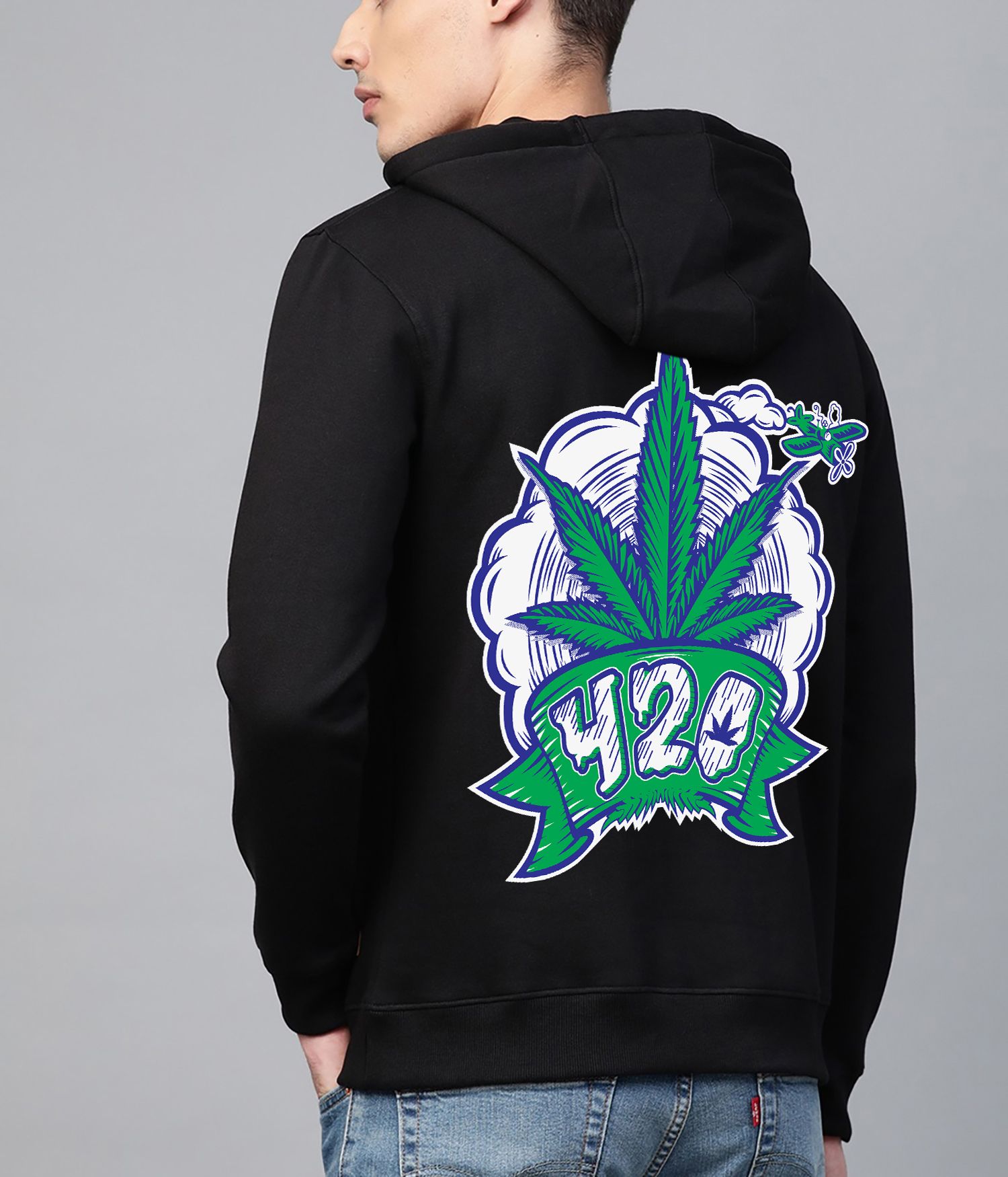 SCOTT FINCHER Men's Black Hoodie with Green Marijuana Leaf and 420 Graphic : AA(RSHOD)BLACK_138