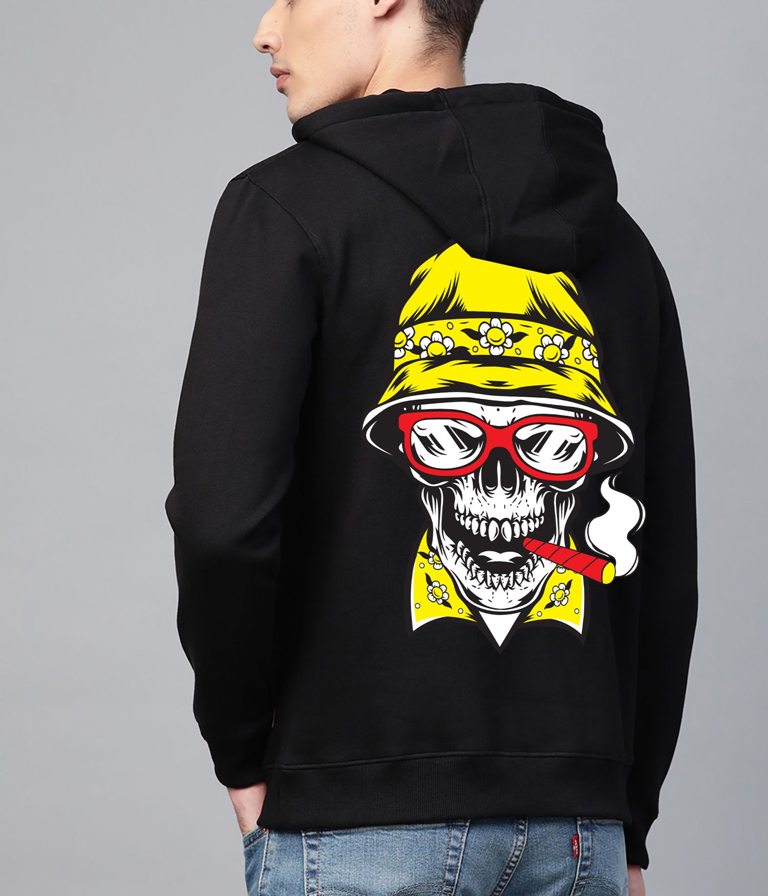 SCOTT FINCHER Black Hoodie with Yellow Skull Graphic Print :AA(RSHOD)BLACK_146