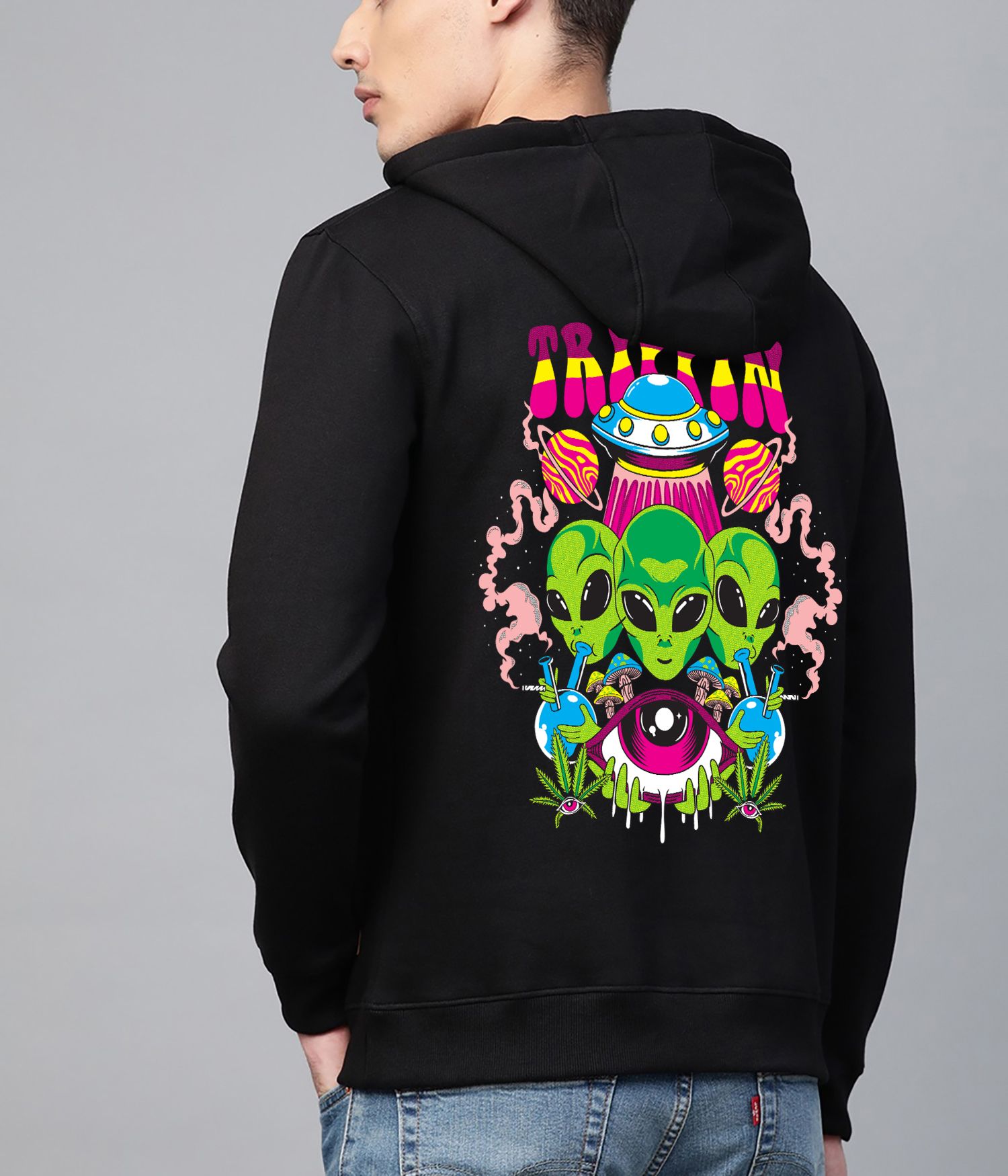 SCOTT FINCHER Men's Black Trippy Alien Graphic Hoodie : AA(RSHOD)BLACK_147