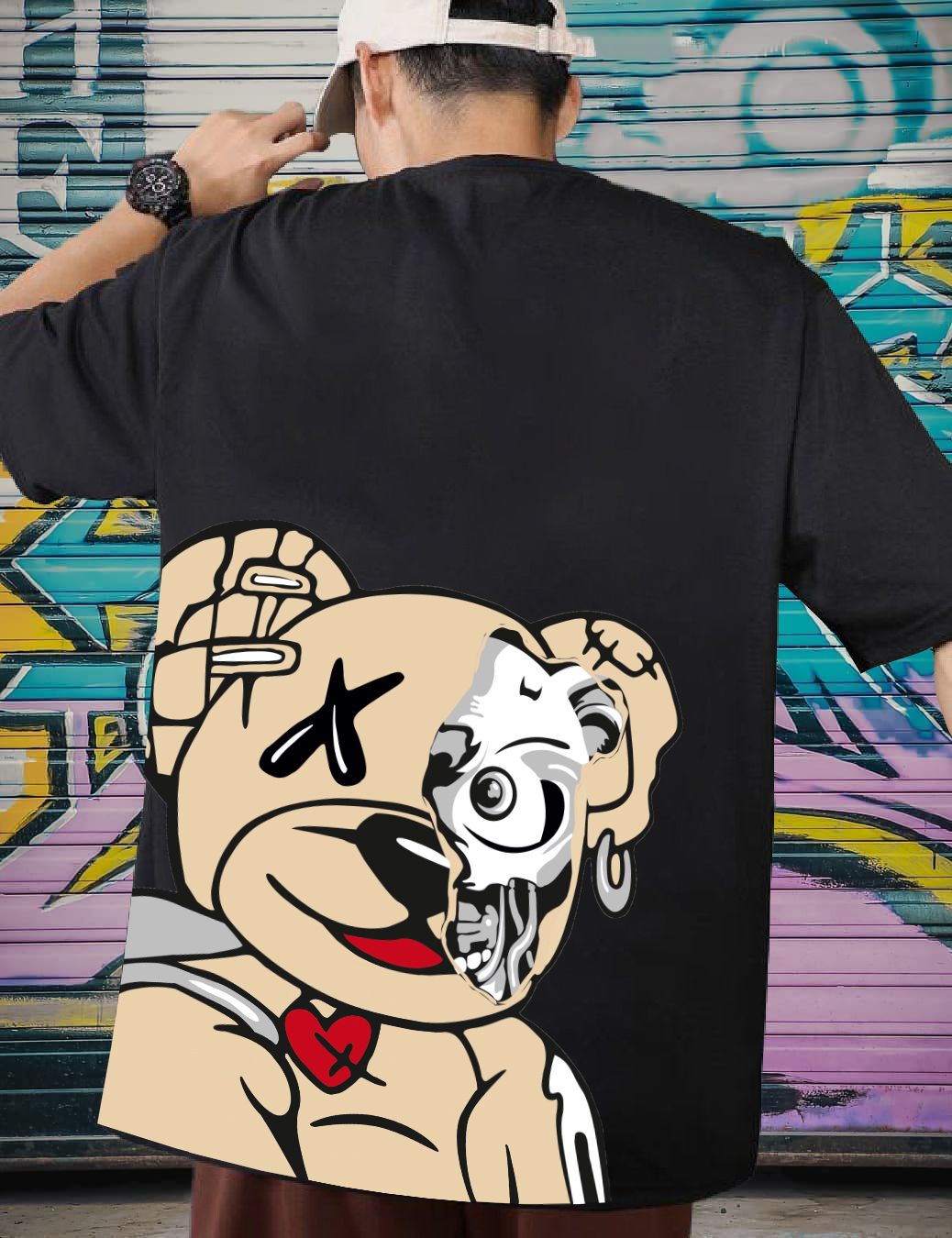 Scott Fincher Men's Oversized Harajuku Streetwear T-Shirt, Black Graphic Tee with Teddy Bear and Robotのデザイン : AA(ARN)BLACK_42