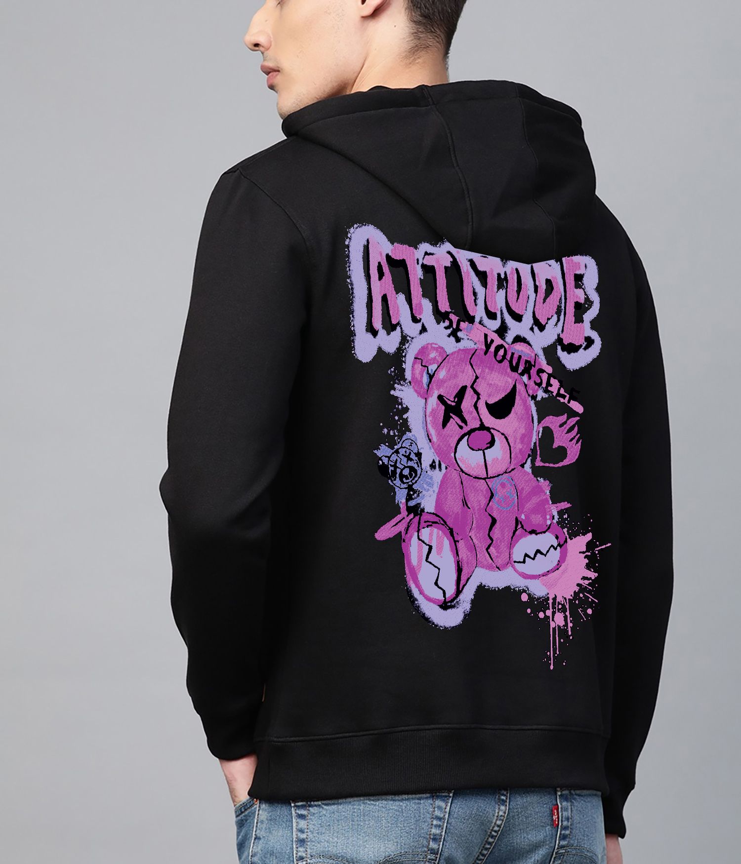 SCOTT FINCHER  Black Hoodie with Purple Graphic Design of a Bear and the Words "Attitude is Everything" : AA(RSHOD)BLACK_214