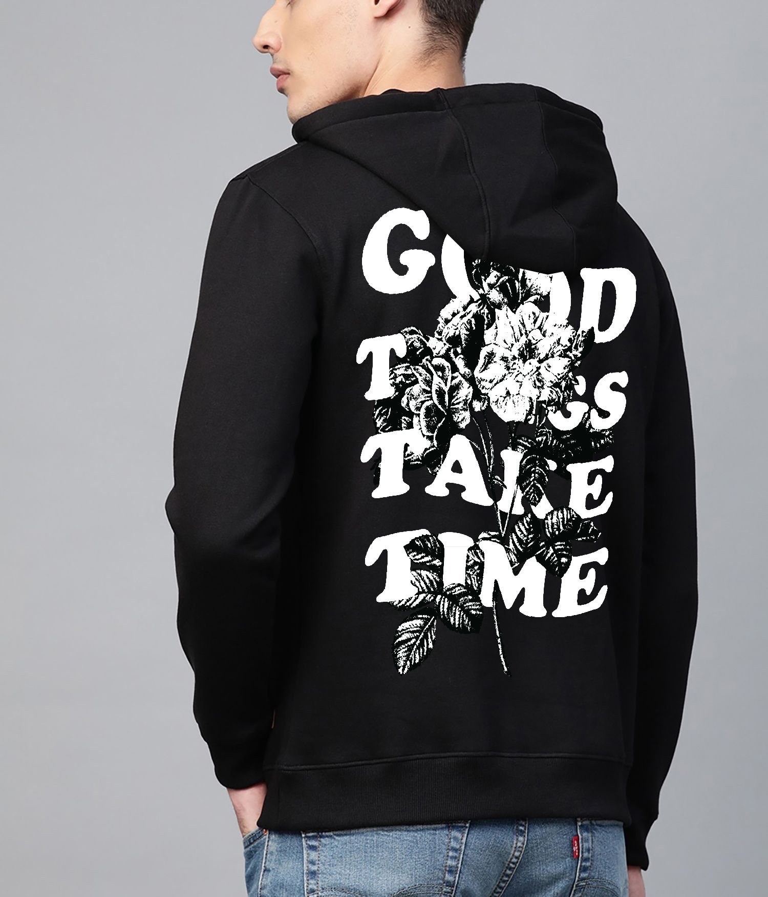 SCOTT FINCHER Black Hoodie with Floral Print and "Good Things Take Time" Wording : AA(RSHOD)BLACK_216