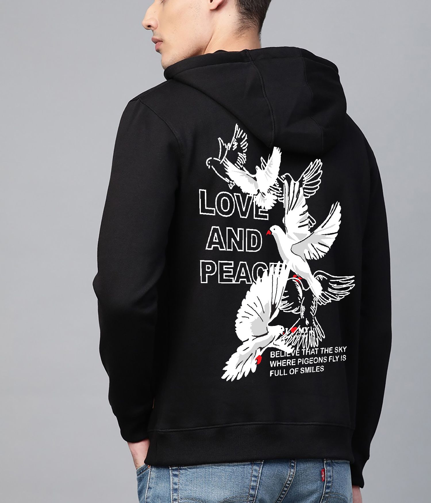 SCOTT FINCHER Black Hoodie with "Love and Peace" Graphic Design : AA(RSHOD)BLACK_217