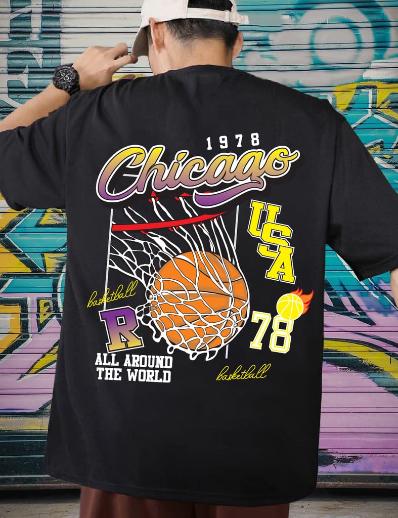 Scott Fincher Men's Oversized Halfsleeve Graphic Printed T-Shirt - 1978 Chicago Basketball T-Shirt : AA(ARN)BLACK_54