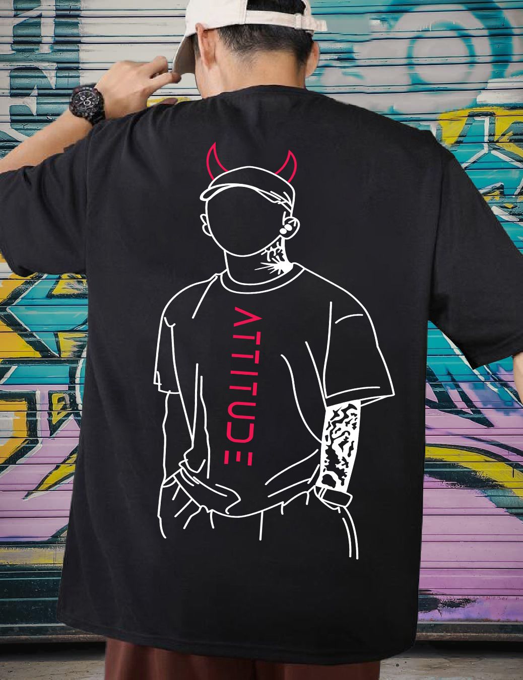 Scott Fincher Oversized Men's Attitude T-Shirt, Casual Short Sleeve Crew Neck Graphic Tee Tops : AA(ARN)BLACK_55