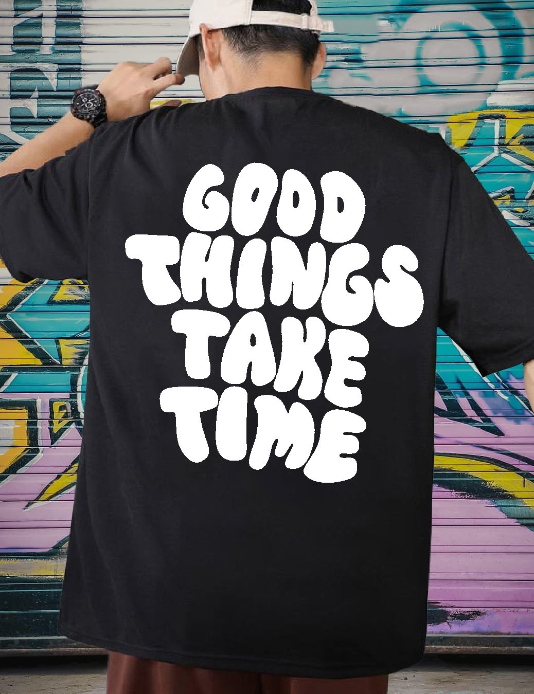 Scott Fincher Oversized Men's Casual Short Sleeve T-Shirt with "Good Things Take Time" Print : AA(ARN)BLACK_62