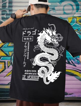Scott Fincher Oversized Black T-Shirt with White Dragon Graphic Design : AA(ARN)BLACK_63