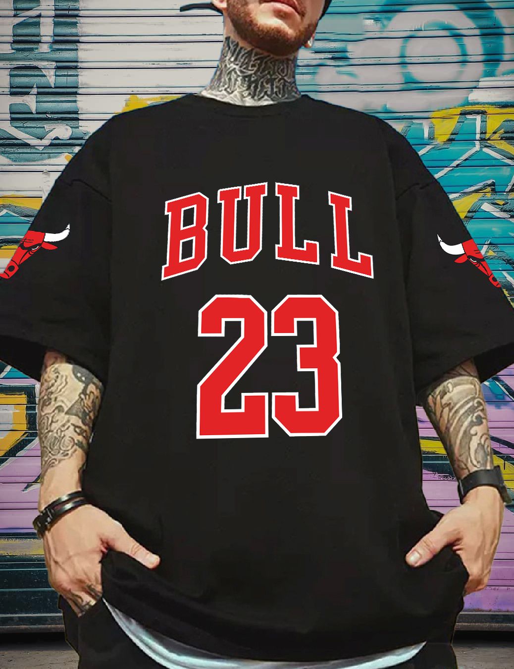 Scott Fincher Oversized Men's Casual Short Sleeve T-shirt with BULL 23 Print : AA(ARN)BLACK_79