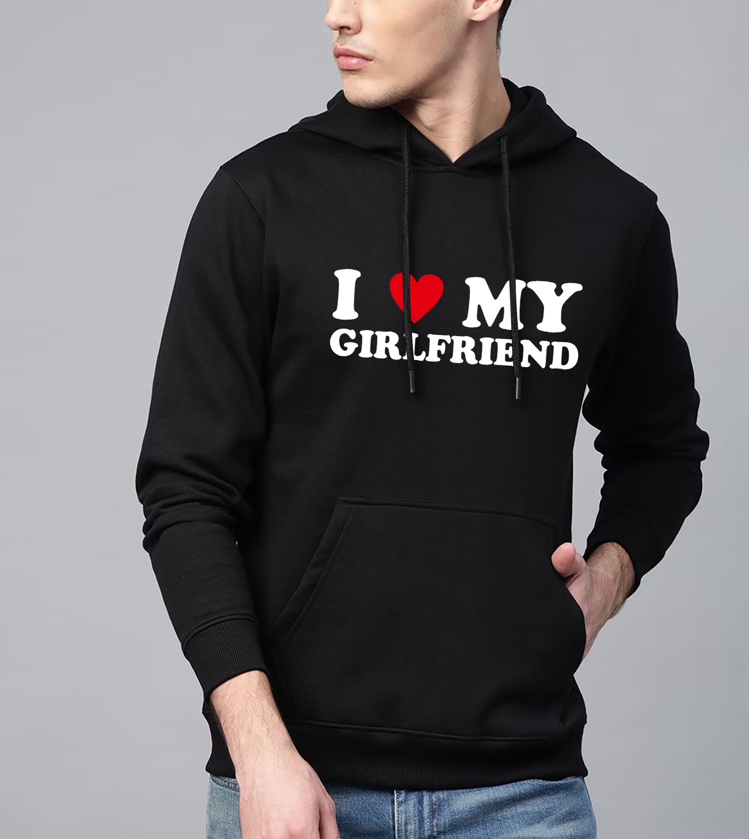 SCOTT FINCHER Men's Black Cotton Blend I Love My Girlfriend Printed Hoodie : AA(RSHOD)BLACK_249