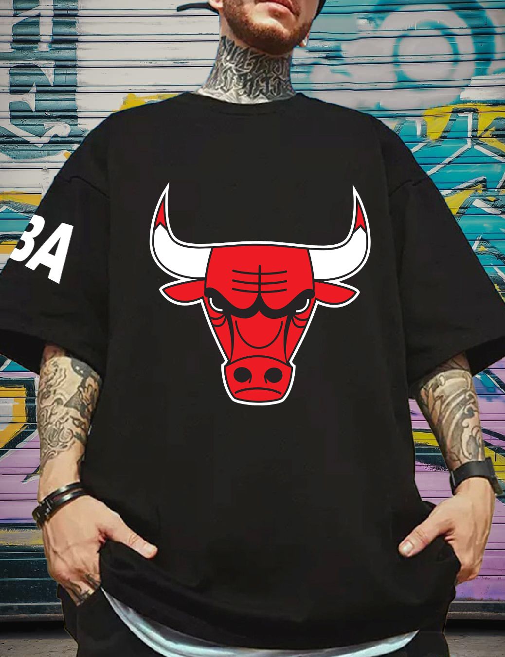 Scott Fincher Oversized Men's Short Sleeve T-shirt with Chicago Bulls Logo : AA(ARN)BLACK_118