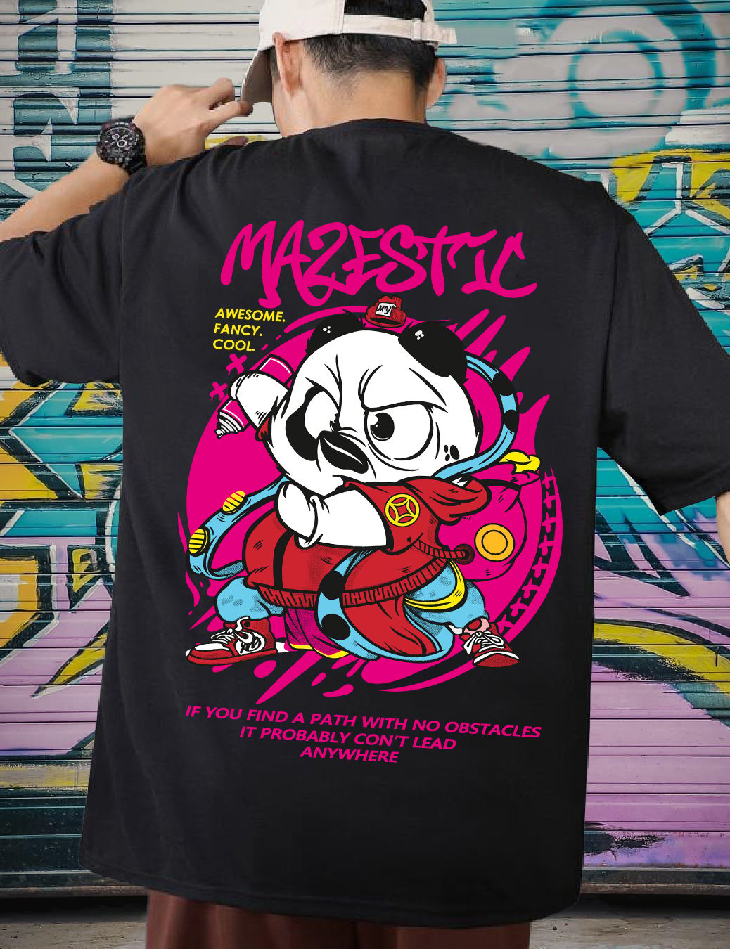 Scott Fincher Oversized Black T-shirt with a cartoon panda wearing a hat and sunglasses : AA(ARN)BLACK_125