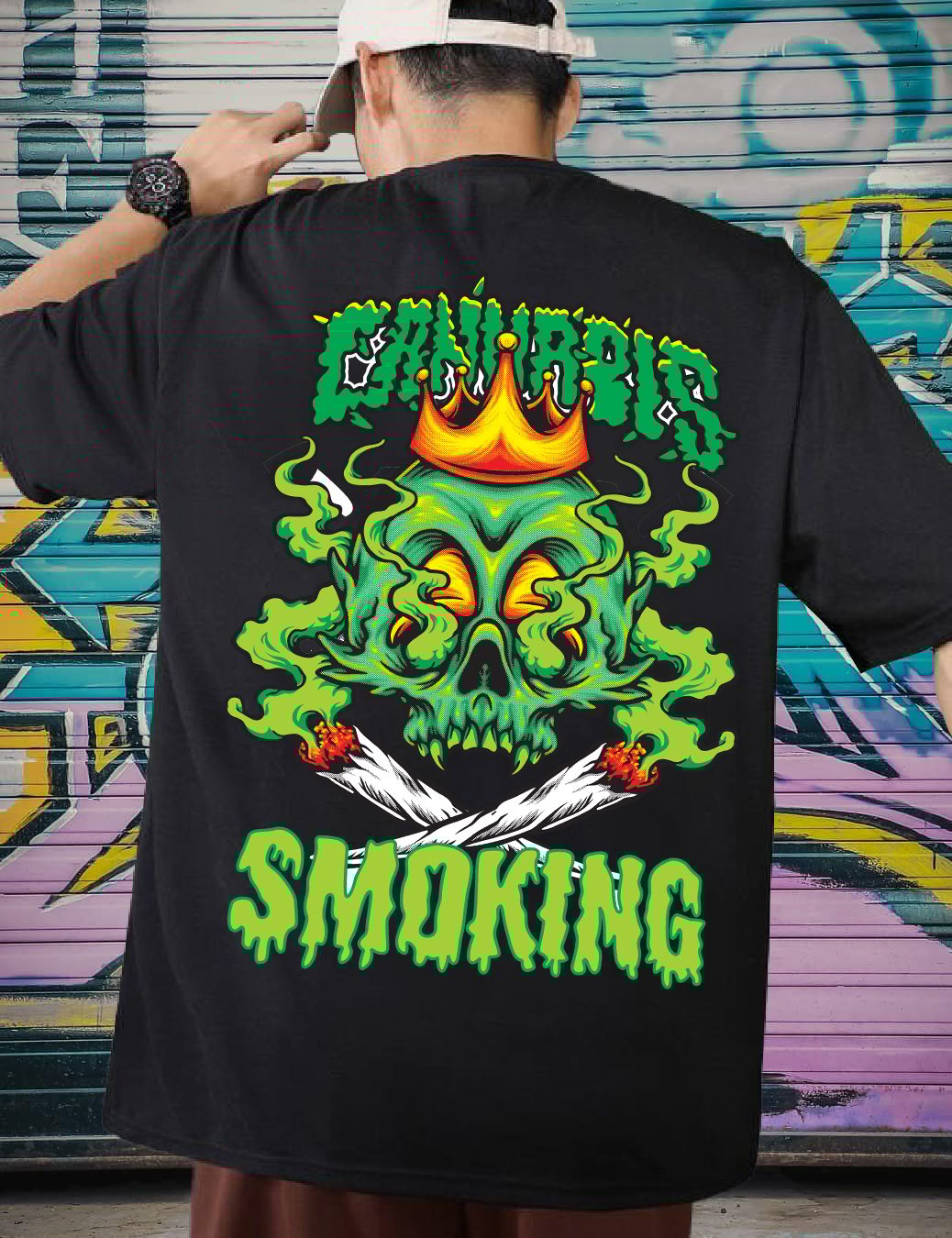 Scott Fincher Oversized Men's Graphic T-Shirt Featuring a Smoking Skull and Crown Design : AA(ARN)BLACK_127