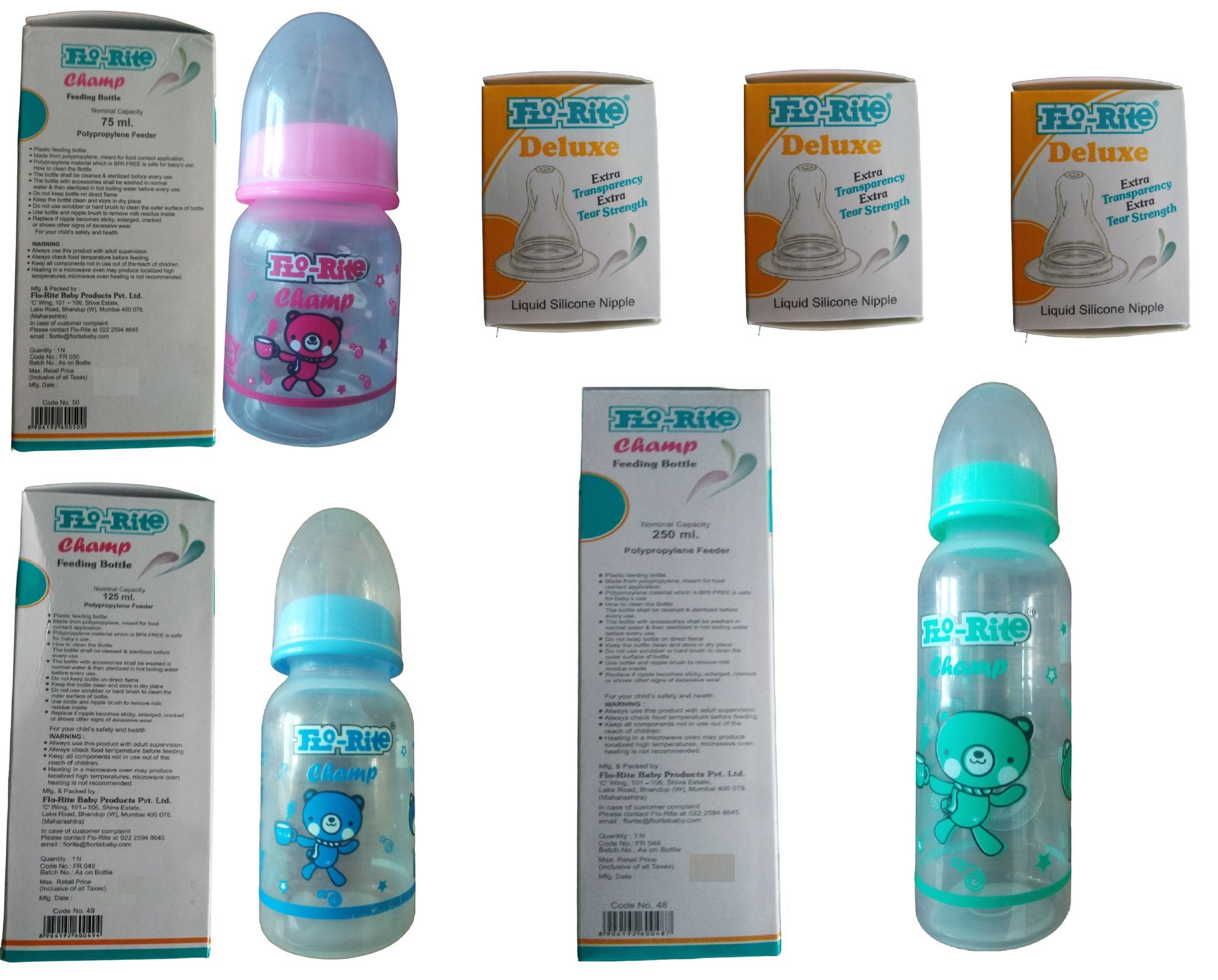 Flo-Rite Baby Feeding Bottle, 75 ml + 125 ml + 250 ml with nipples and extra 3 nipples