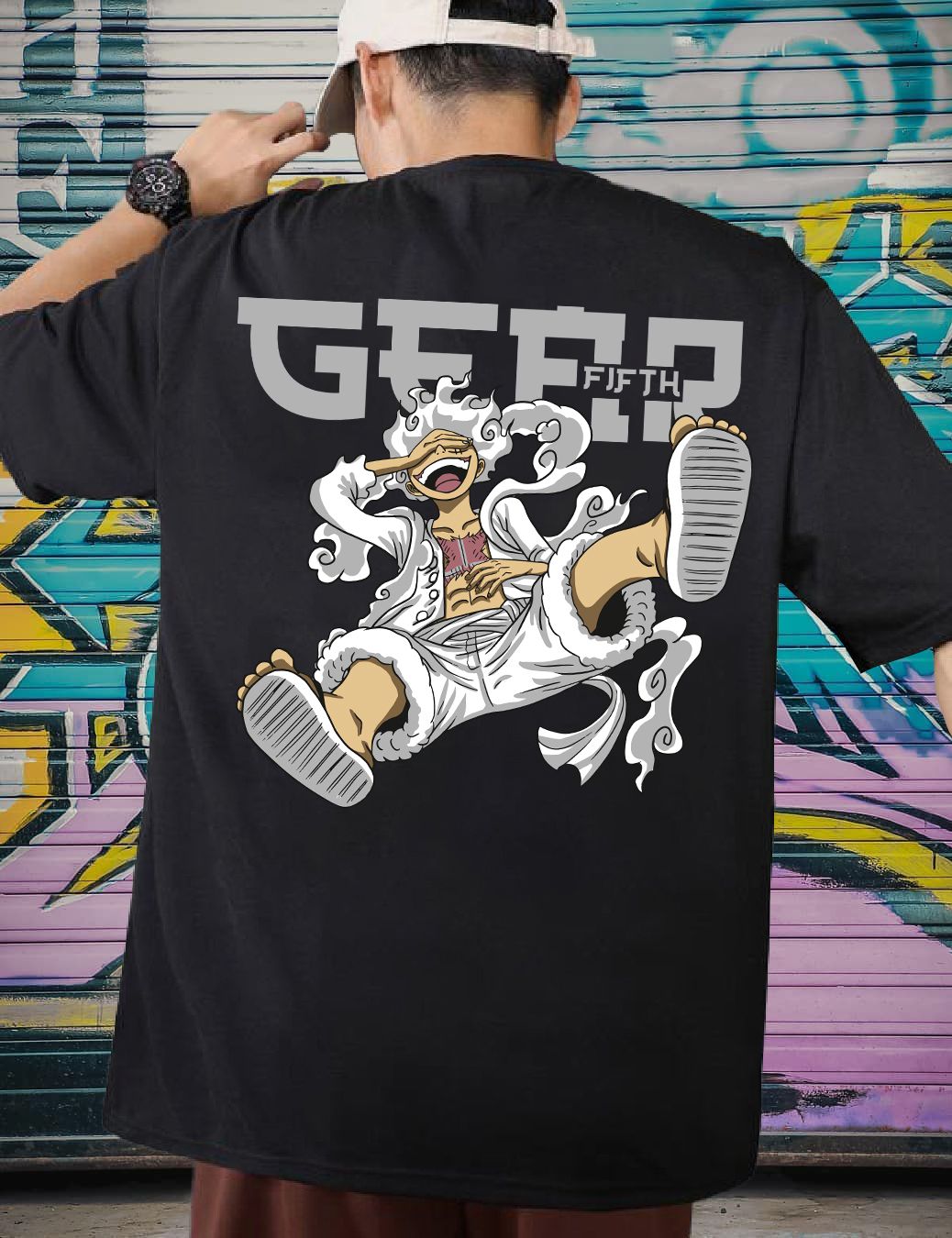Scott Fincher Men's Oversized Black T-Shirt with an Image of Luffy from One Piece : AA(ARN)BLACK_133