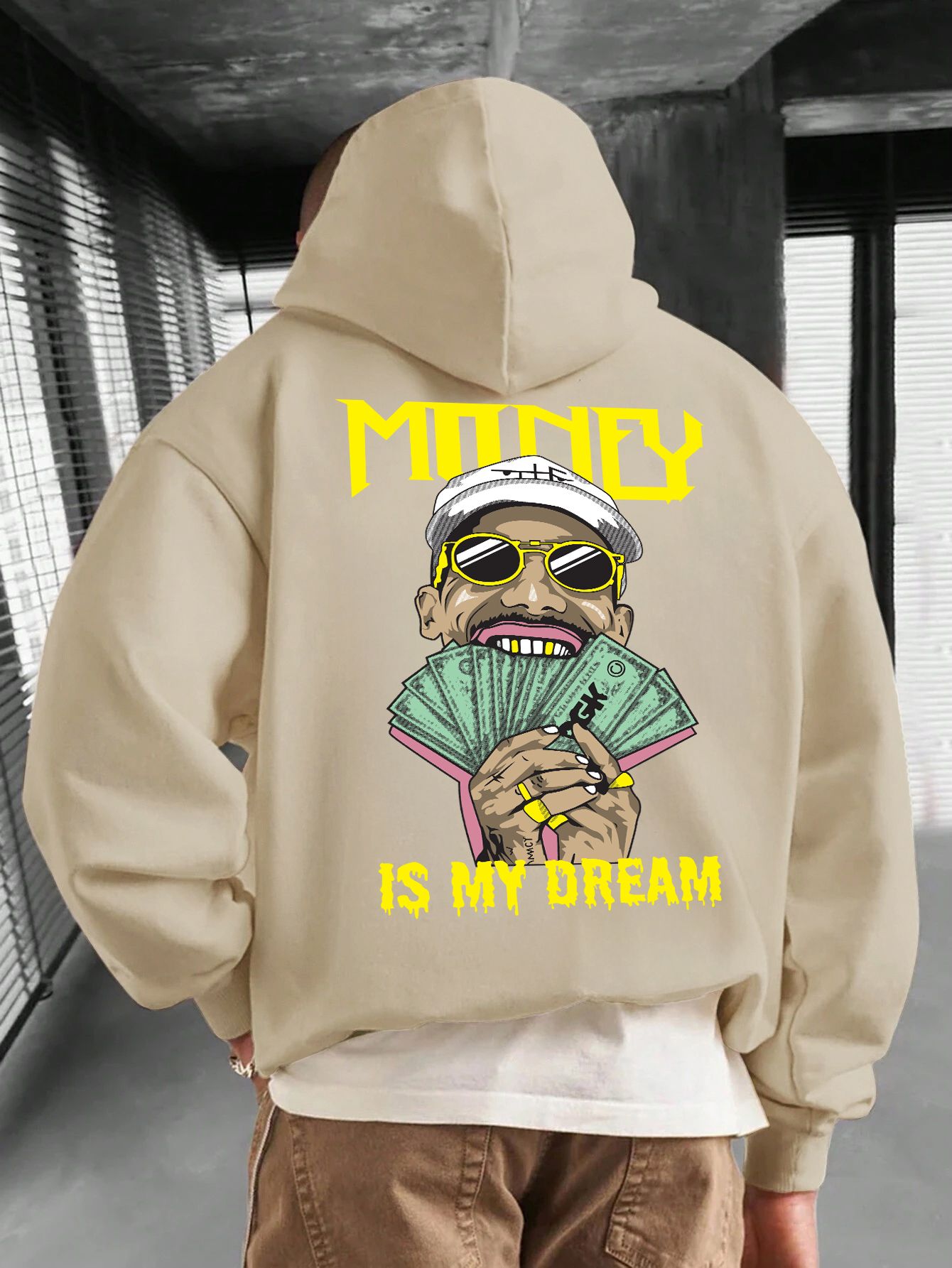 SCOTT FINCHER Men's Hip Hop Streetwear Hoodie "Money Is My Dream" Graphic Oversized Pullover Sweatshirt with Hood : AA(RSHOD)CREAM_169