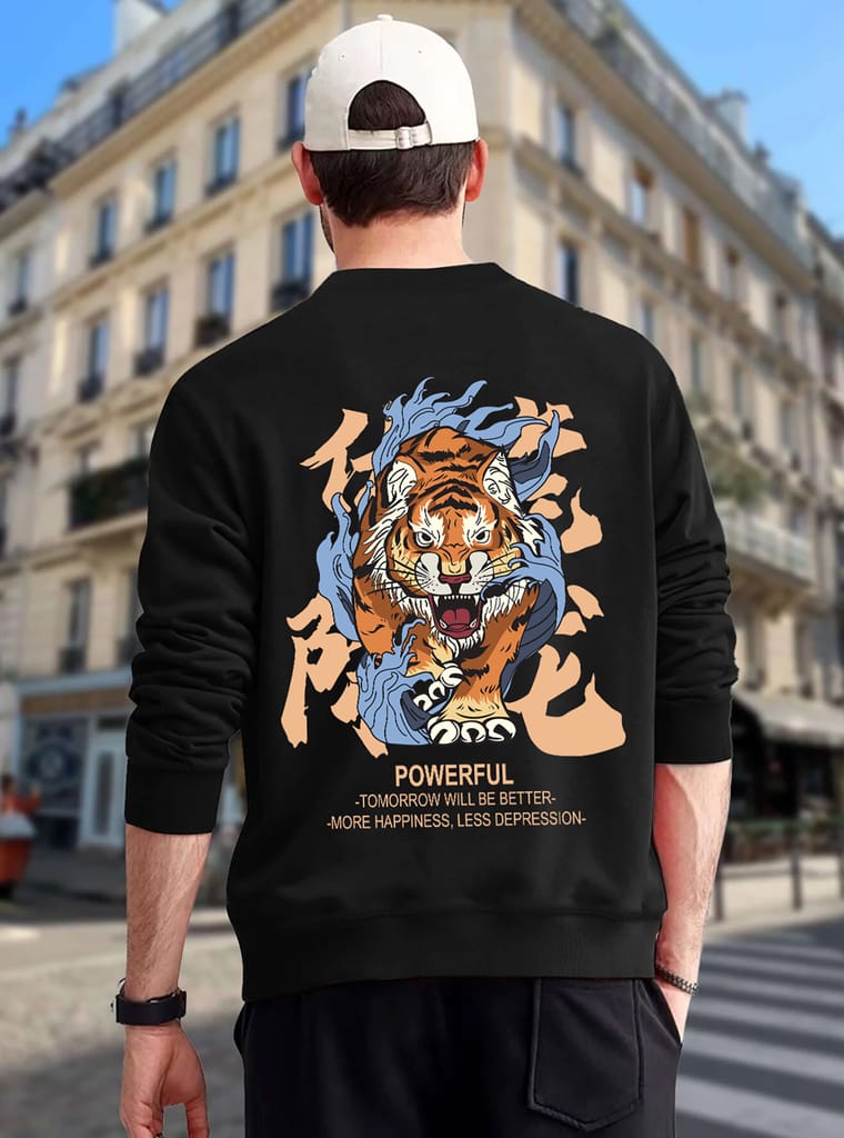 SCOTT FINCHER Men's Casual Printed Sweatshirt, Tiger Graphic Crewneck Pullover, Streetwear Hip Hop Tops : AA(RSSWT)BLACK_20