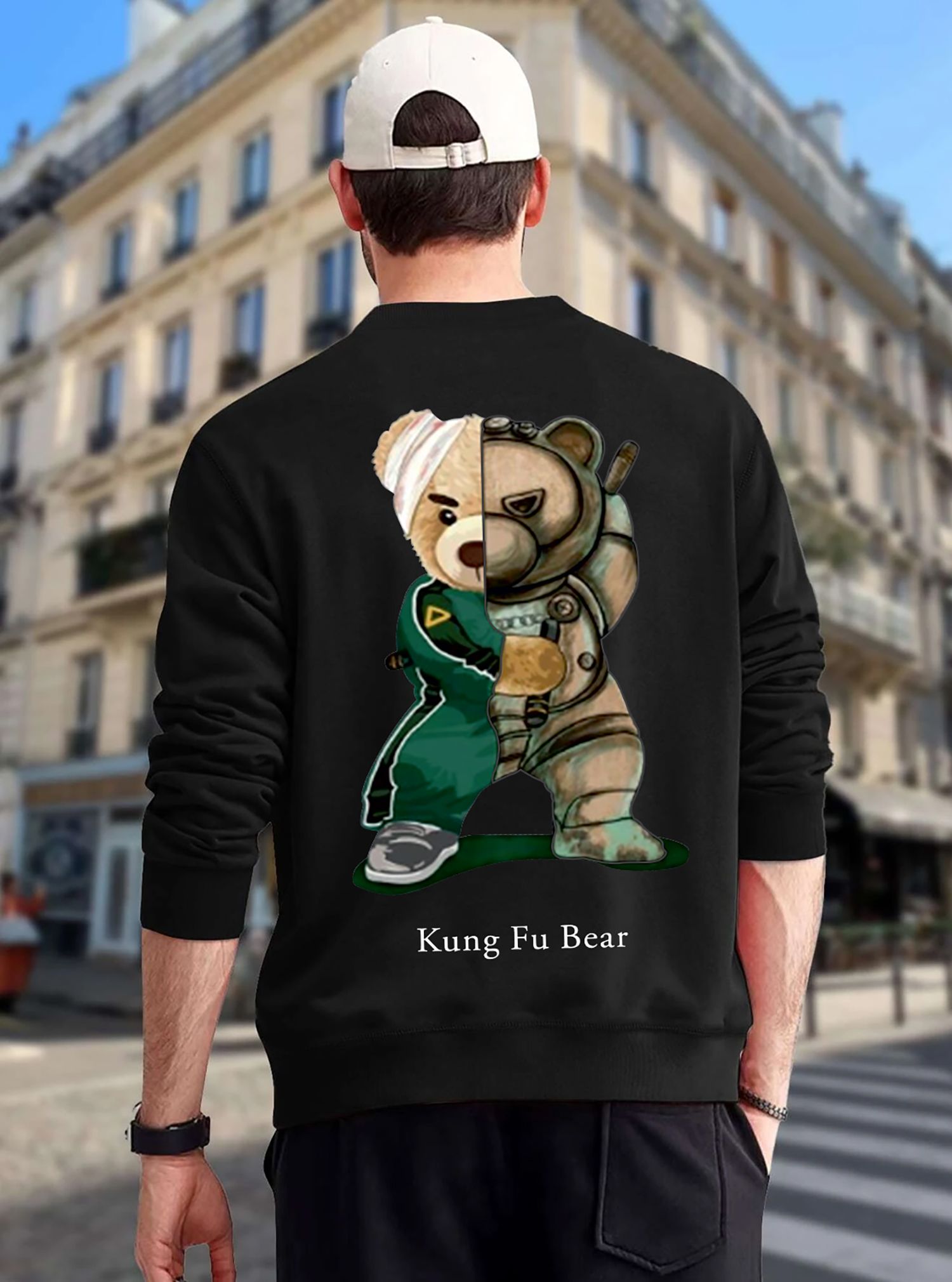 SCOTT FINCHER Men's Kung Fu Bear Graphic Sweatshirt  Black : AA(RSSWT)BLACK_33