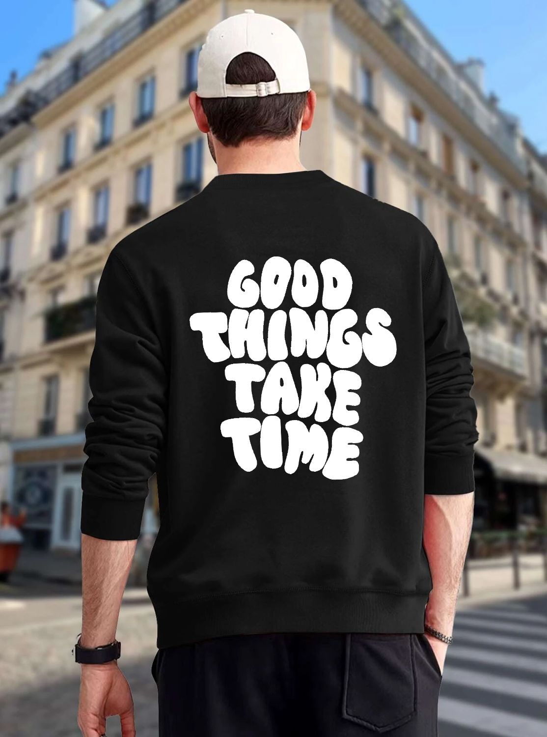 SCOTT FINCHER Men's Good Things Take Time Sweatshirt, Positivity Graphic Sweatshirt, Aesthetic Trendy Streetwear, Casual Loose Fit Pullover : AA(RSSWT)BLACK_62