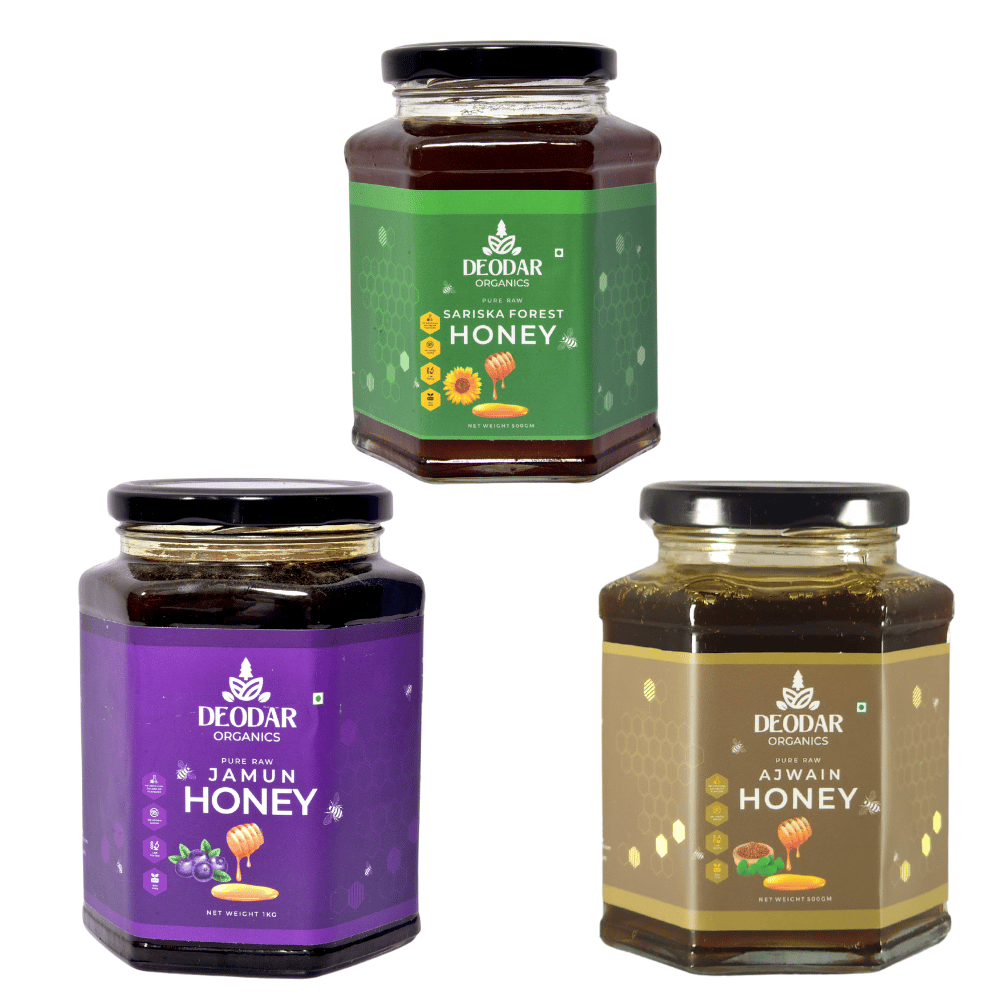 Deodar Organics Pure Raw Honey Combo, Jamun Honey, Sariska Forest Honey, Ajwain Honey, 1500gm
