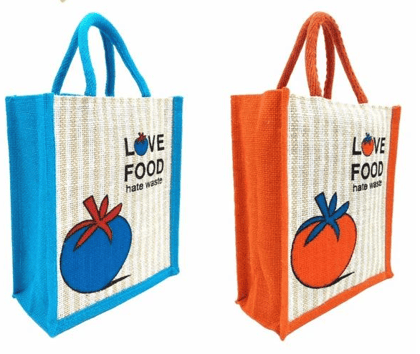 SS Eco-Life ‘Love Food’ Eco Jute Bags – Multipurpose Tote for Lunch, Grocery, Picnic, Shopping & More | Pack of 2 | Assorted Colours .