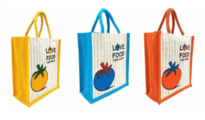SS Eco-Life ‘Love Food’ Eco Jute Bags – Multipurpose Tote for Lunch, Grocery, Picnic, Shopping & More | Pack of 3 | Assorted Colours .