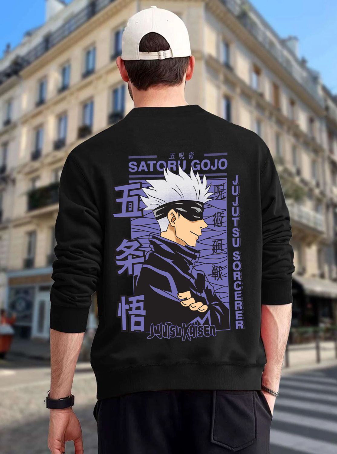 SCOTT FINCHER Men's Black Sweatshirt with a Graphic of Satoru Gojo from Jujutsu Kaisen : AA(RSSWT)BLACK_131